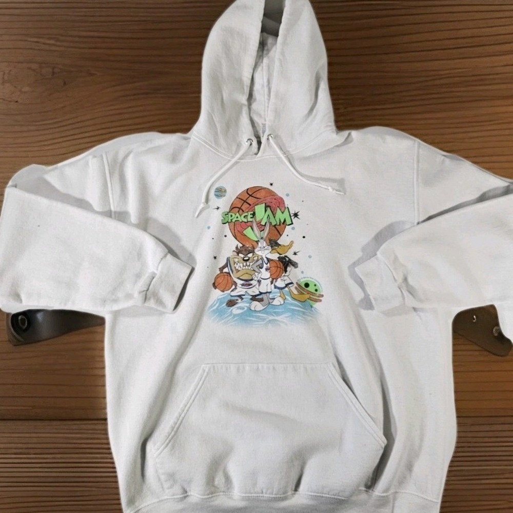 Vtg Jerzees Space Jam Hoodie Mens L White Looney Tunes Bugs Bunny‎ Taz Graphic